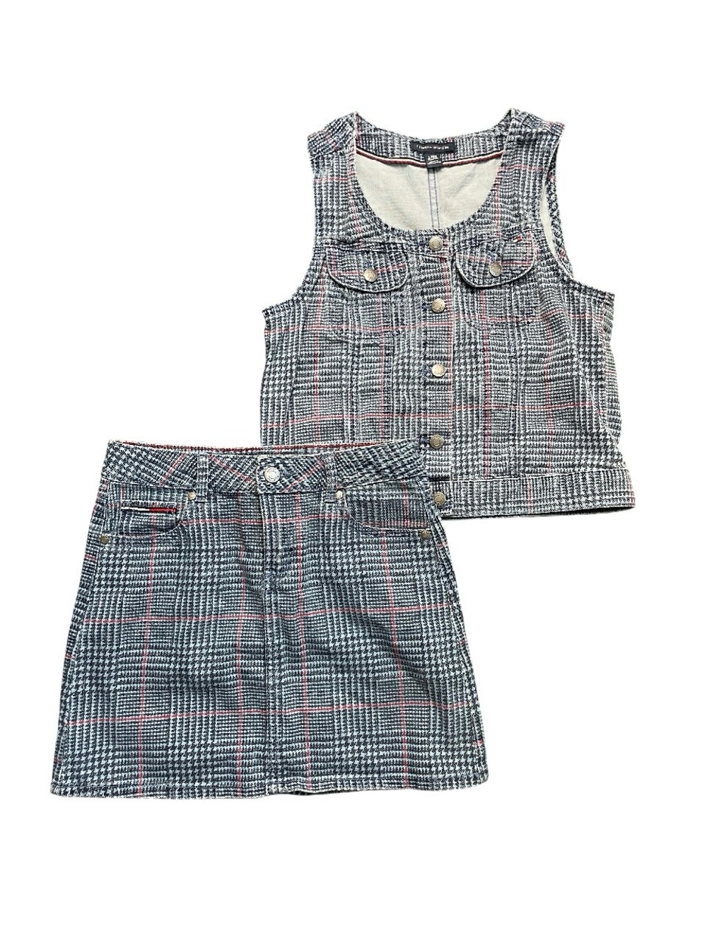 Tommy Hilfiger Denim Houndstooth Vest Skirt Set Girl L 12/14 Y2K Preppy Clueless